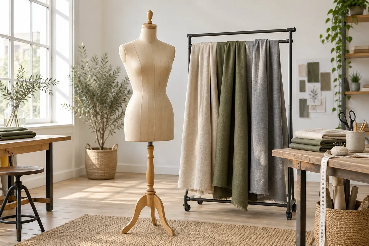 Mannequin de couture en bois devant un portant de tissus unis
