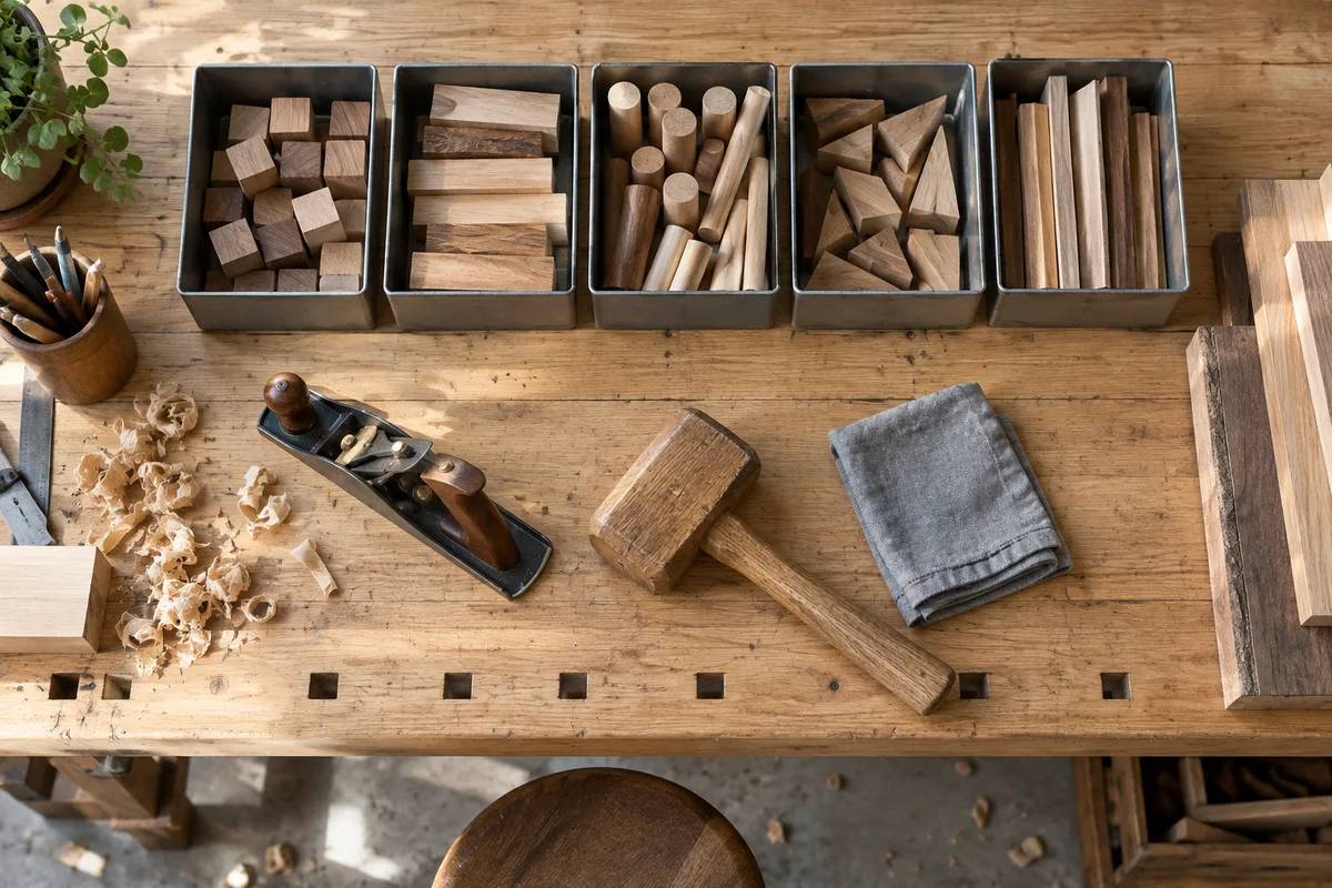 Établi clair avec pièces de bois triées par forme