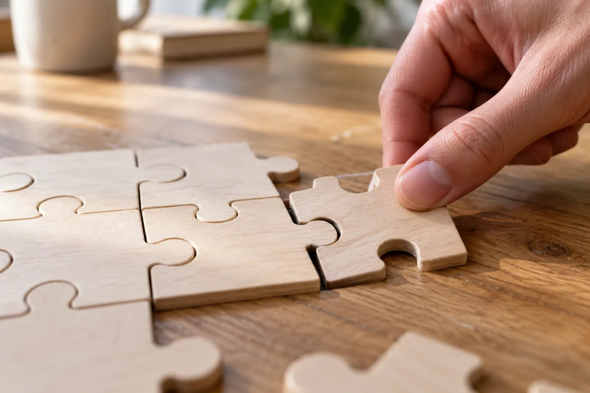 Main qui force une pièce de puzzle en bois dans un emplacement trop étroit