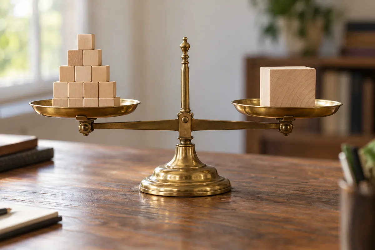 Balance à plateaux en laiton chargée de cubes de bois unis