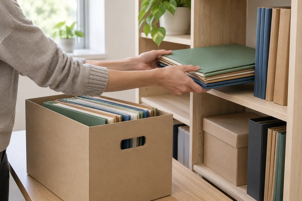 Mains transférant des dossiers d’un carton d’archives vers une étagère