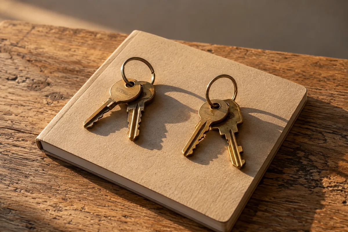 Deux trousseaux de clés posés sur un carnet cartonné fermé