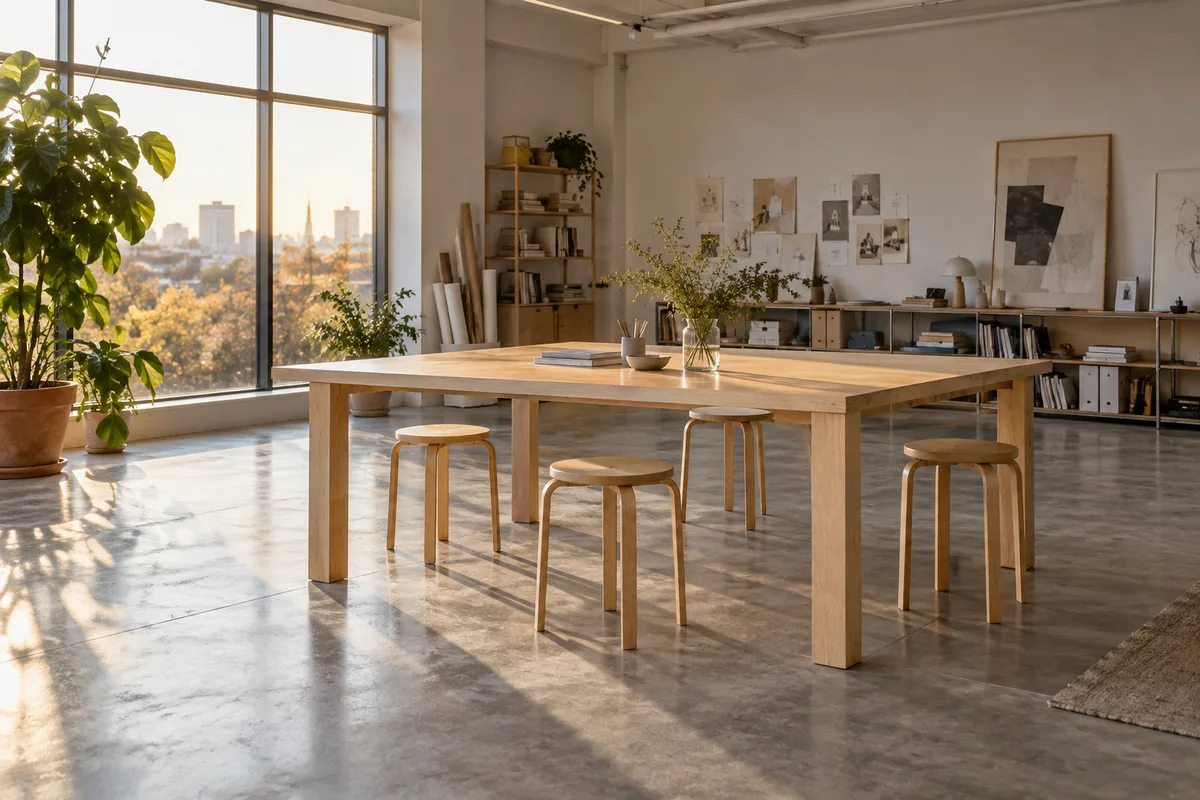 Grande table en bouleau et tabourets dans un studio de design vide