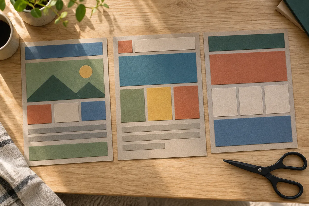 Maquette en carton de pages de site faite de rectangles colorés, vue de dessus