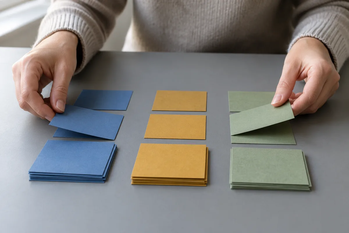 Mains qui classent des cartes de couleur en colonnes sur un bureau