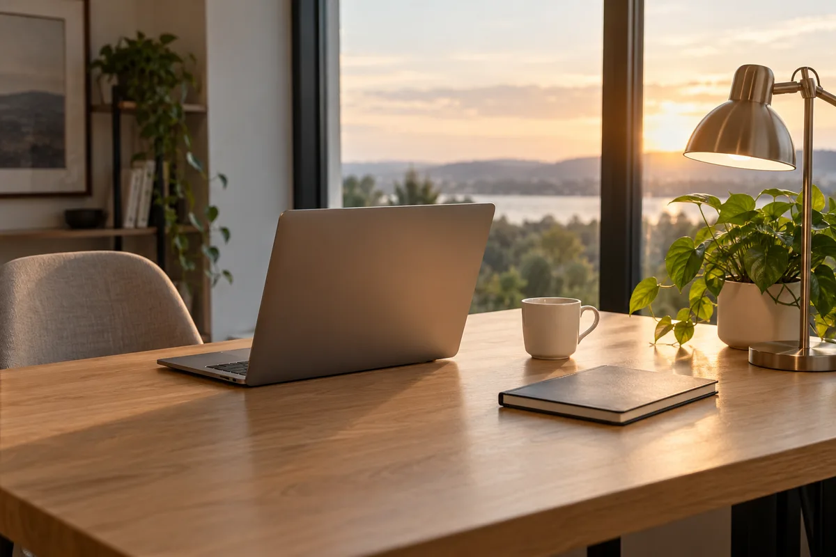 Ordinateur portable vu de dos et lampe sur un bureau minimaliste