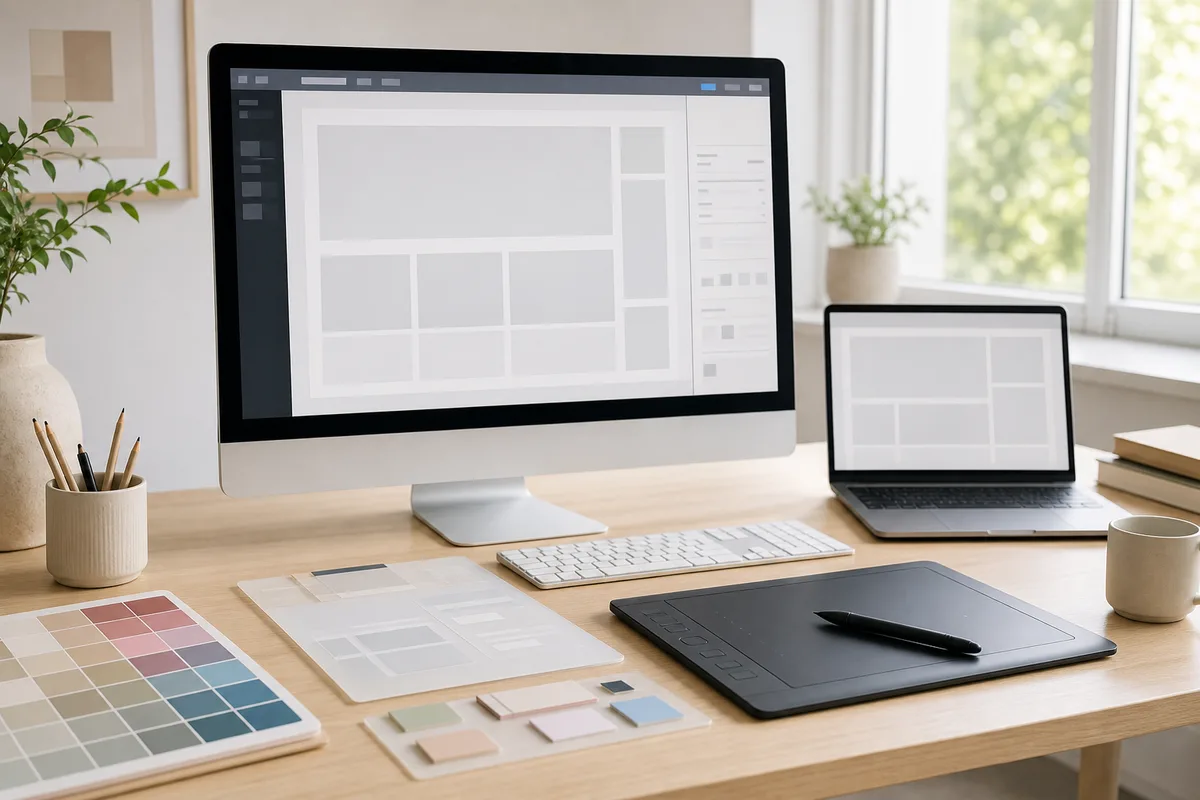 Poste de travail affichant la construction d&rsquo;un site vitrine dans l&rsquo;interface Webflow