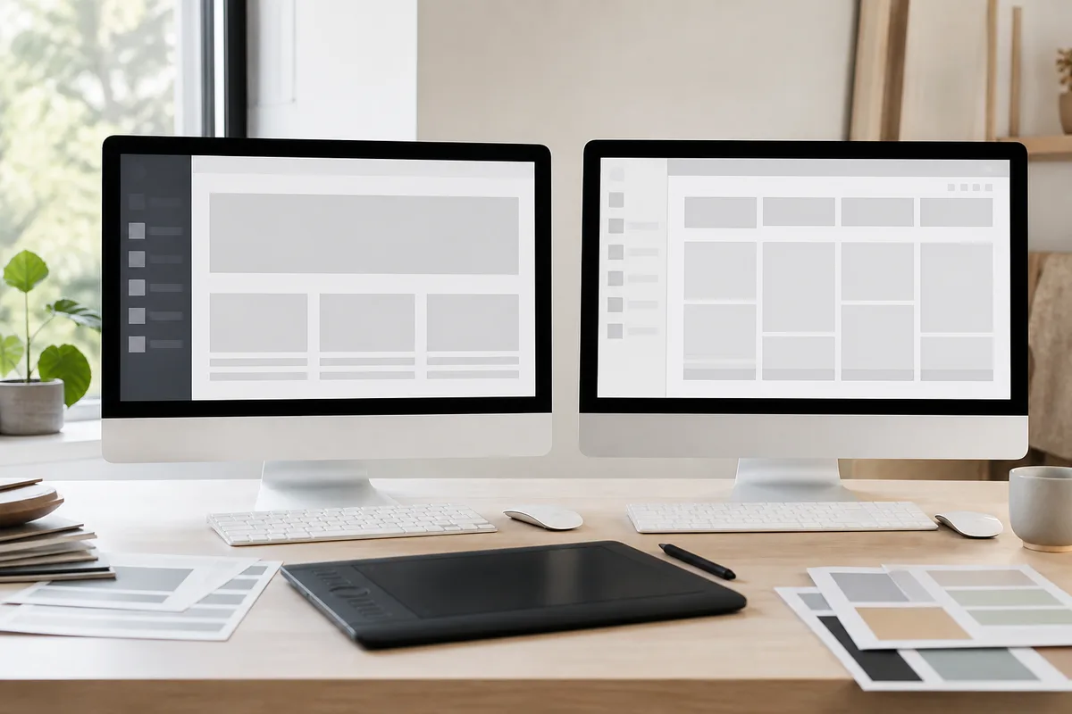 Deux interfaces de gestion de site affichées côte à côte sur un même bureau